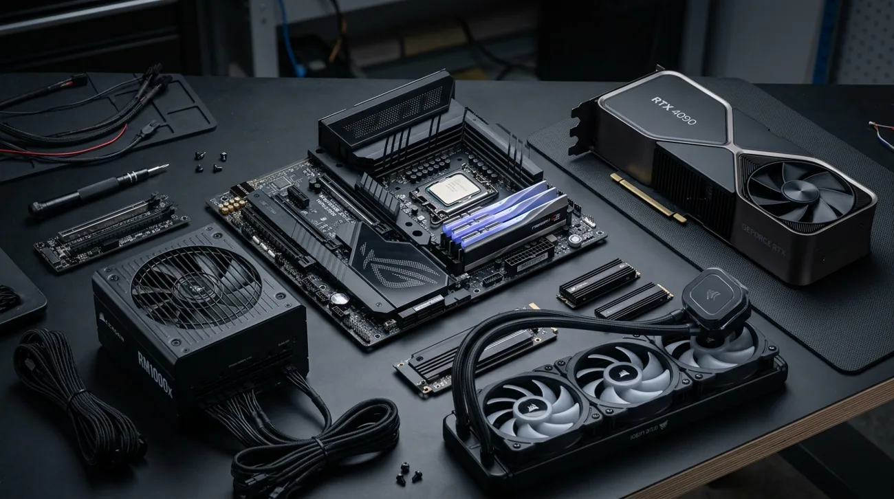 Computer components laid out on a workbench