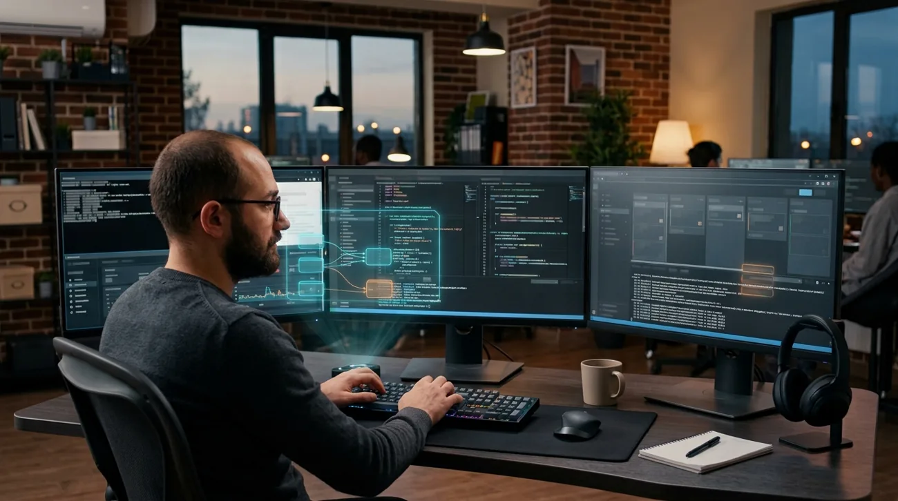 Software developer at multiple monitors